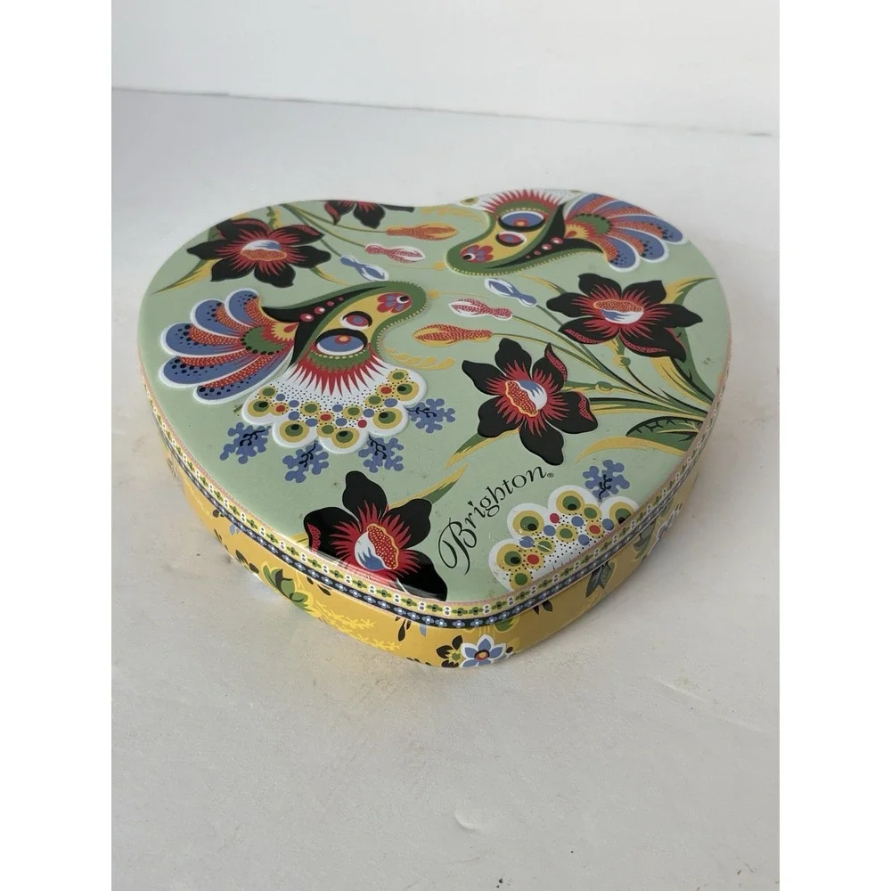 Brighton Large Tin Green Floral Design Heart Shaped Trinket Jewelry Gift Box